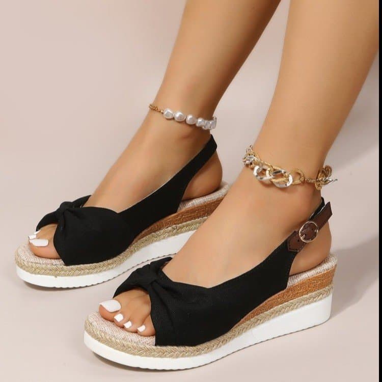 Women's large size foreign trade hemp rope bow wedge casual sandals women's shoes wholesale