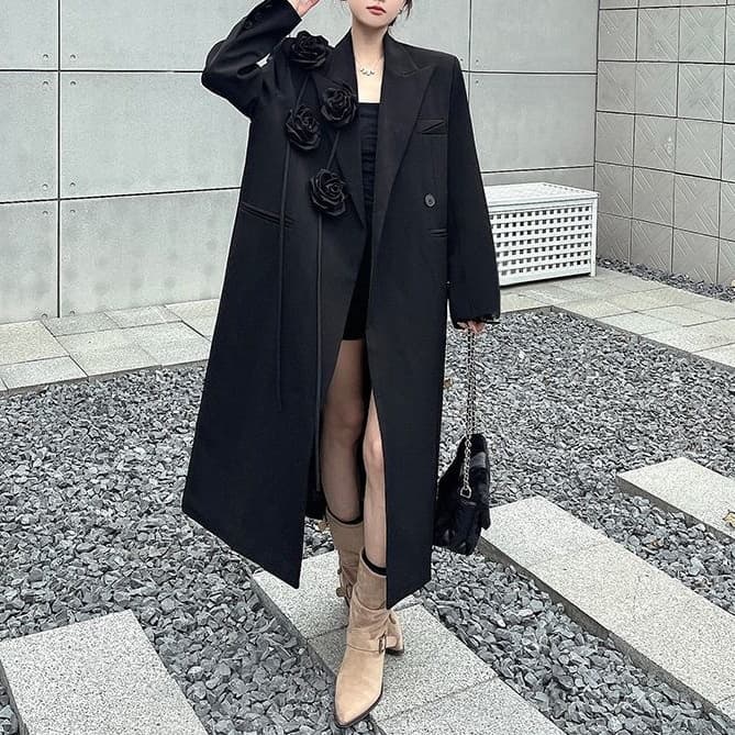 2026 Black Long Blazer For Women New Loose Thickened Three-Dimensional Floral Heavy Craft Suit Coat