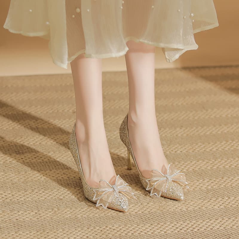 Women's Shoes Wedding Shoes High Heels Women's Stiletto Sequins Fashionable Bow Champagne Color Ladies Single Shoes French Temperament Single Shoes