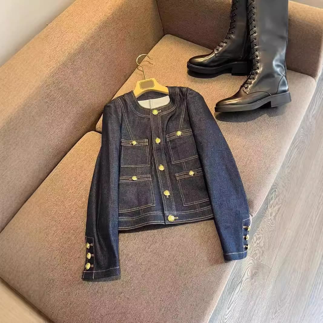 Women's Clothing 2024 winter new fashion high end exposed line decoration metal button retro denim jacket
