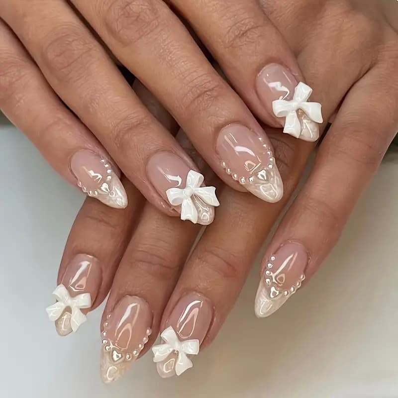European And American Sweet Cool Wearable Nails Bow Pearl Nail Art Almond Short False Nails Finished Product