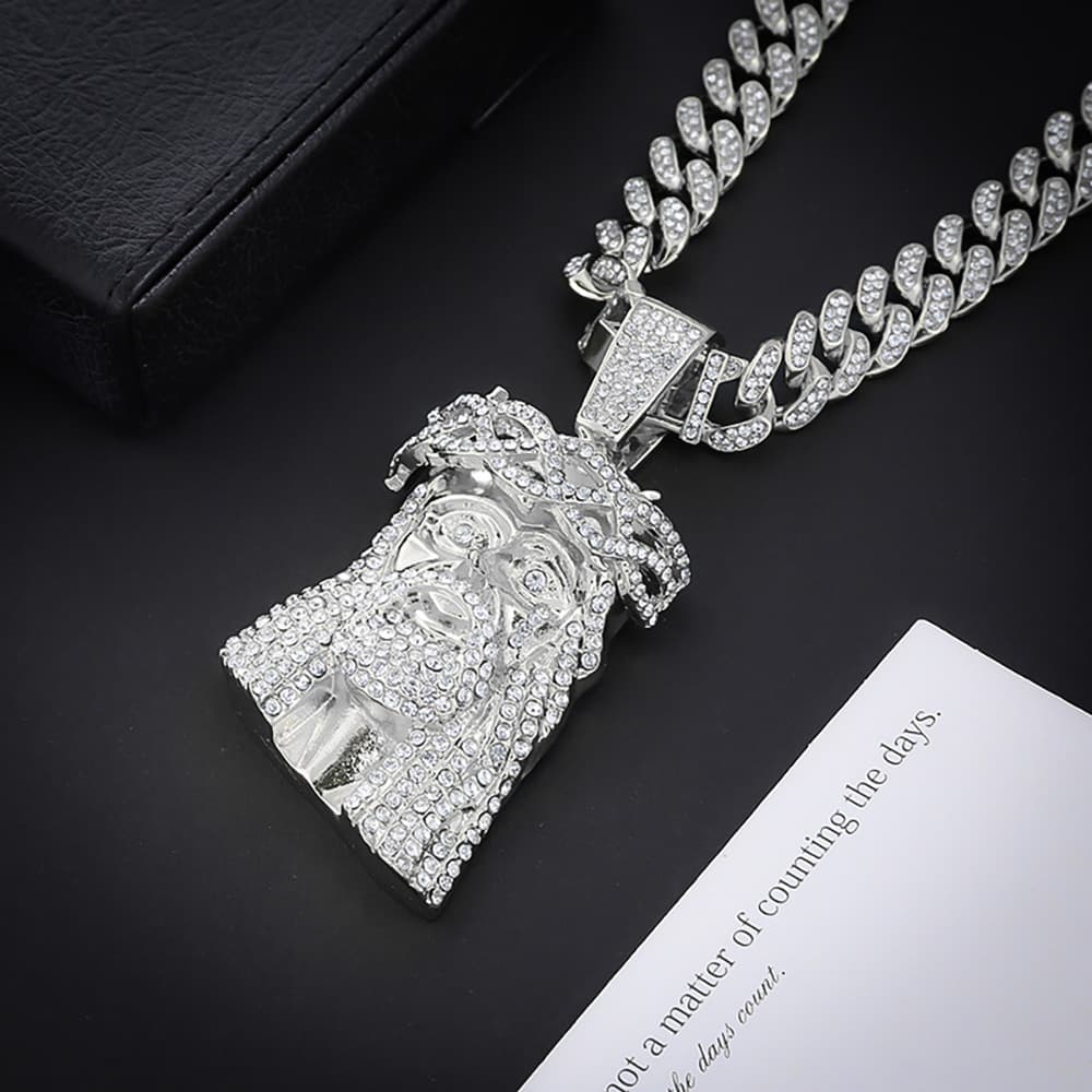 Hot Selling Hip Hop Necklace Men's Head Alloy Inlaid Rhinestone Pendant Jewelry