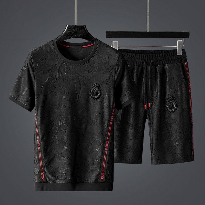 Men's Clothing High-end jacquard webbing splicing casual suit men's summer large size style personality matching shorts two-piece suit