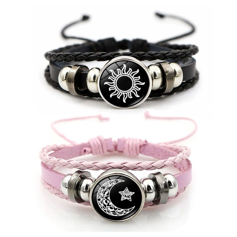 new Product 2024 Sun And Moon Lovers Leather Retro Punk Multi Layer Beaded Braided Bracelet Couple Gift