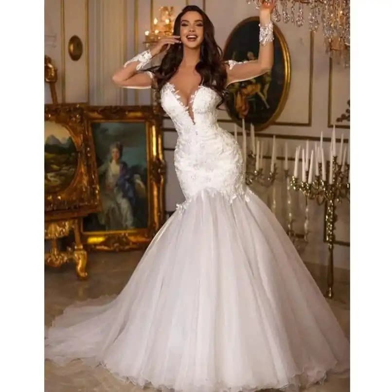Spring New White Wedding Dress Slim Fishtail Sexy V Neck Long Sleeved Lace Banquet Evening Dress