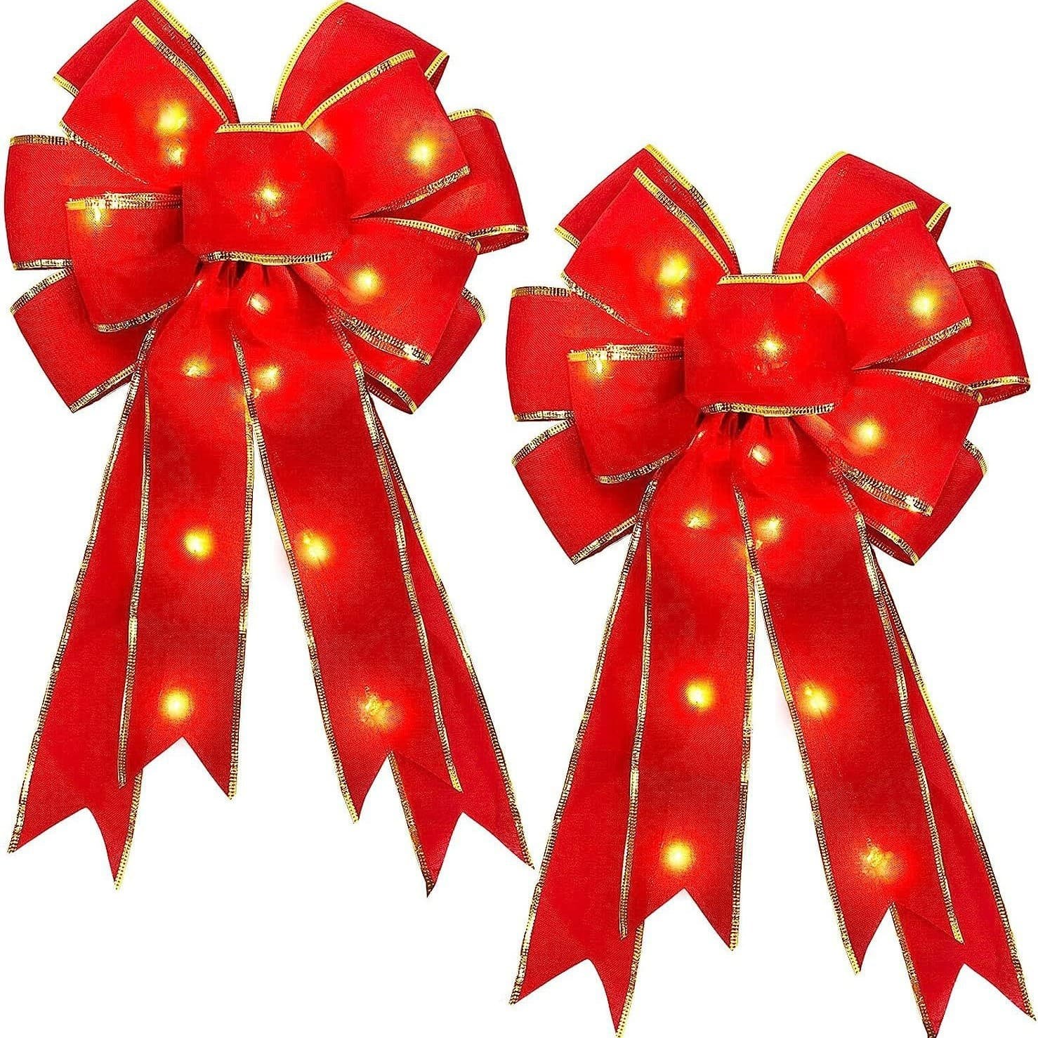 Luxury Velvet Christmas Tree Topper Bow - Large 28x50cm DIY Decorative Ribbon With/without Lights (2-Pack, Red)​