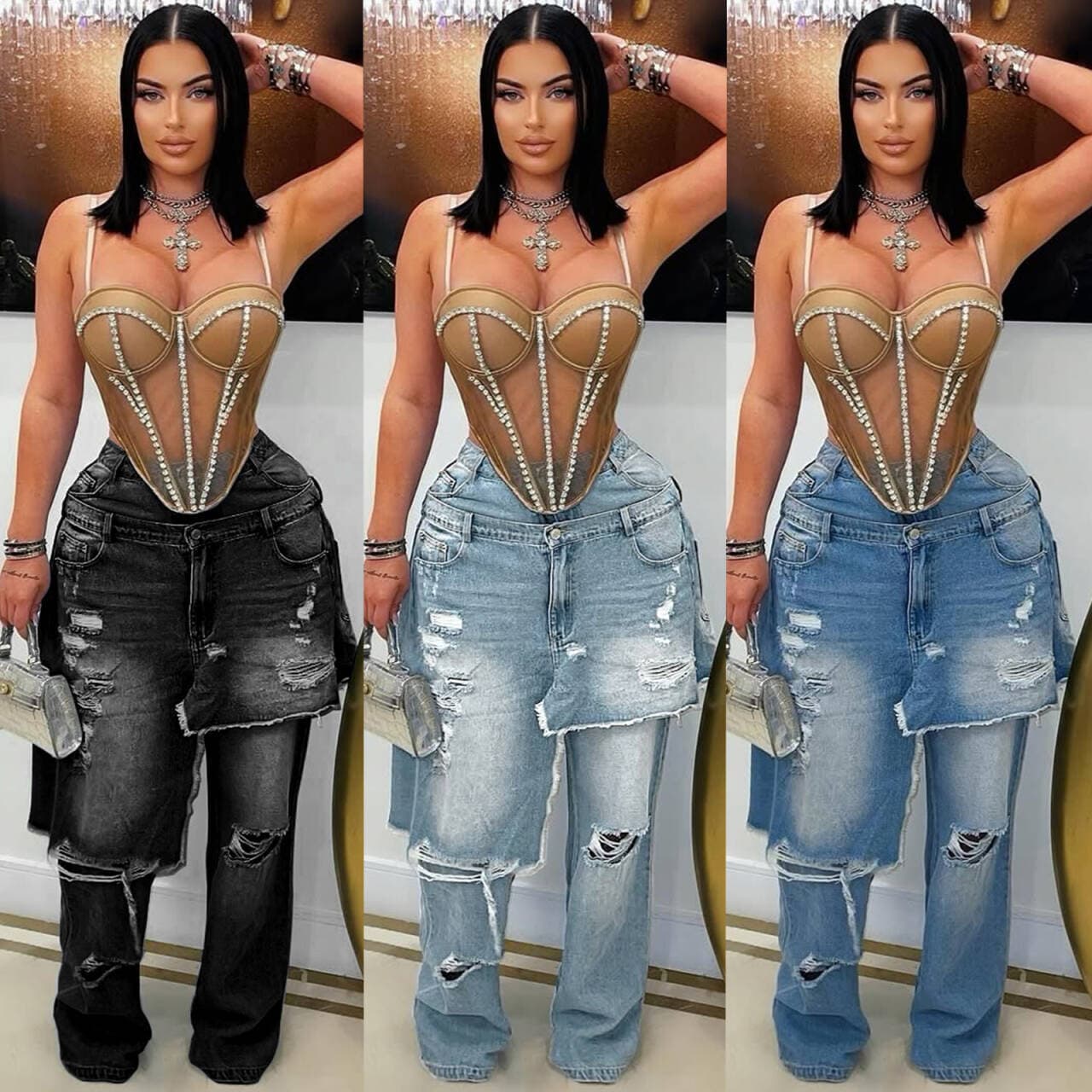 "Distressed Patchwork Denim Jeans - Loose Straight Leg With Ripped Details (Blue/Light Blue/Black, S-XXL)"