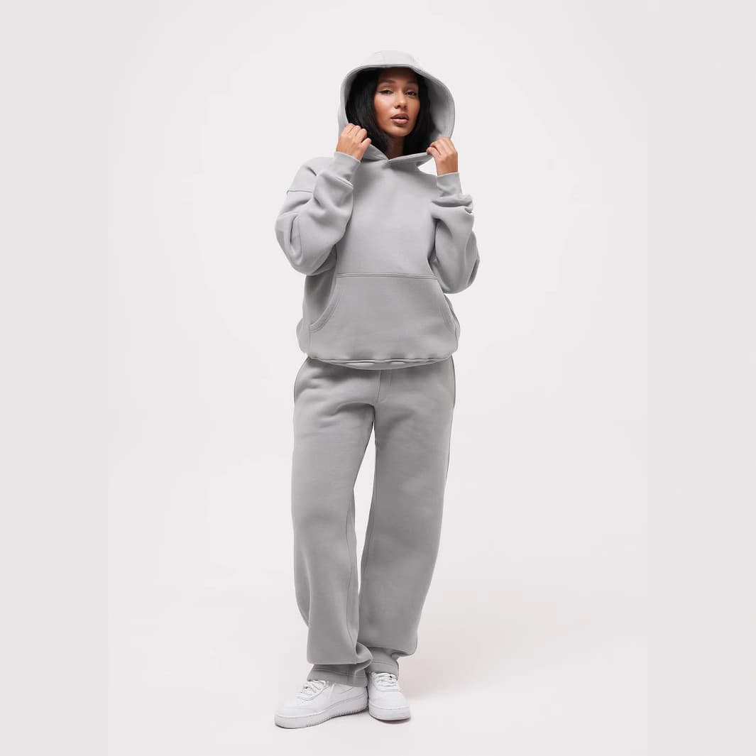 Autumn And Winter Casual Sweater Suit Long Sleeved Pocket Pullover Hooded Top Elastic Waist