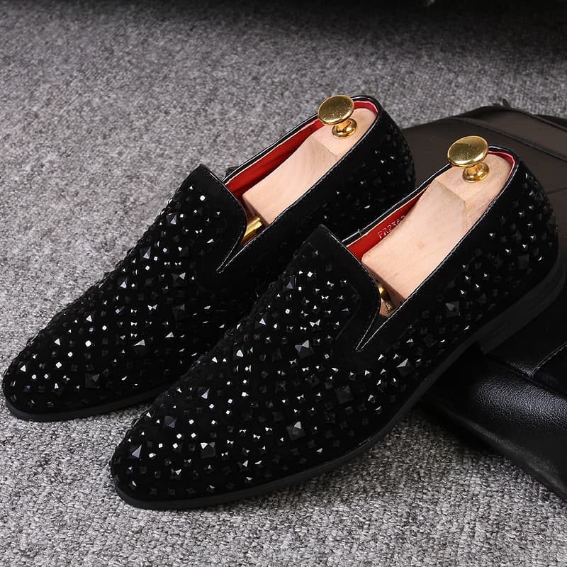Leather British Style Pointed Toe Personality Rhinestone Sequin Slip-On Korean Version Nightclub Trendy Wedding