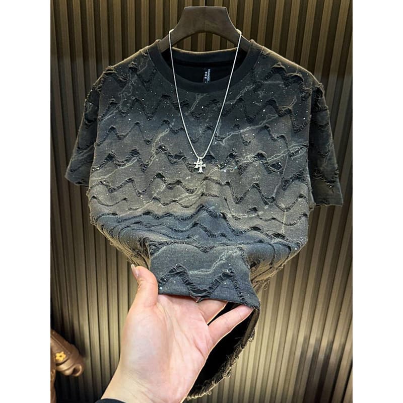 Men's Luxury Star-Print T-Shirt – Distressed Round Neck Tee With Crystal Embellishments (Black/White/Grey, Sizes M-3XL)​