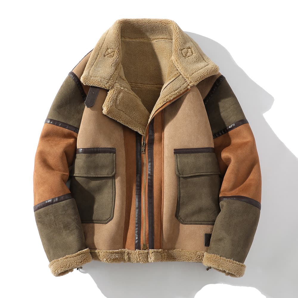 Men's Clothing men's large size lapel fur and velvet thickened warm stitching color matching jacket