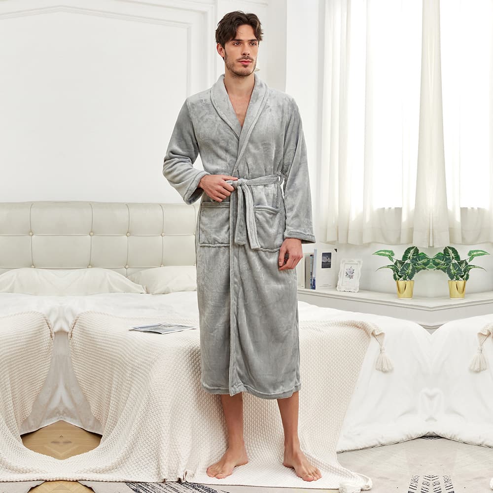 Men's Clothing solid color large size lapel robe men's bathrobe home clothes hotel autumn and winter pajamas flannel couple leisure