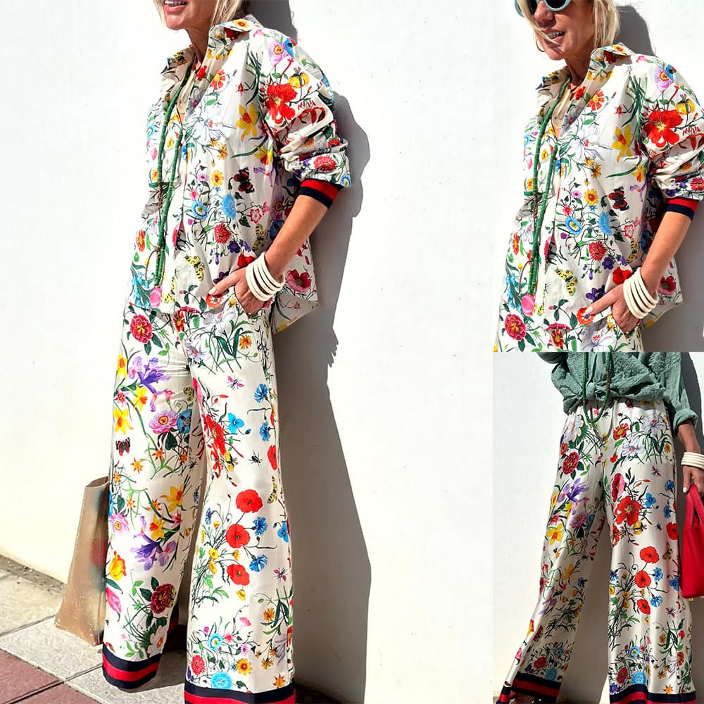 Independent Station Foreign Trade European And American Women's New Printed Suit Casual Long Pants Shirt Fashion
