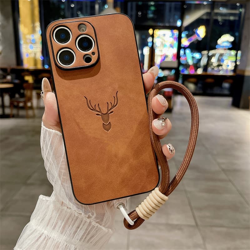 Wristband Lanyard Leather Phone Case For IPhone 16 15 14 13 12 11 Pro Max Plus Shockproof Deer Lambskin Back Cover