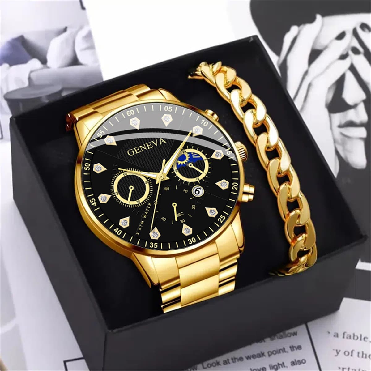 Jewelry Sets GENEVA Simple Sun, Moon And Stars Diamond Studded Men's Steel Watch Fake Three Eye Calendar Quartz Watch Men's