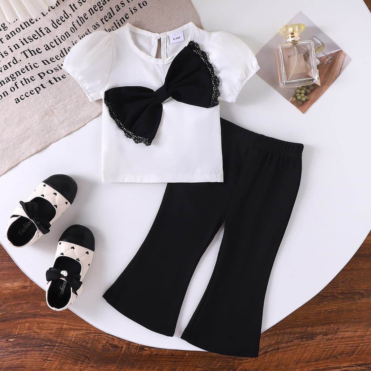 Girls' Elegant Summer Outfit Set – Bubble Sleeve Top & Flared Pants (6M-3Y, Soft Cotton & Stylish Fit)​