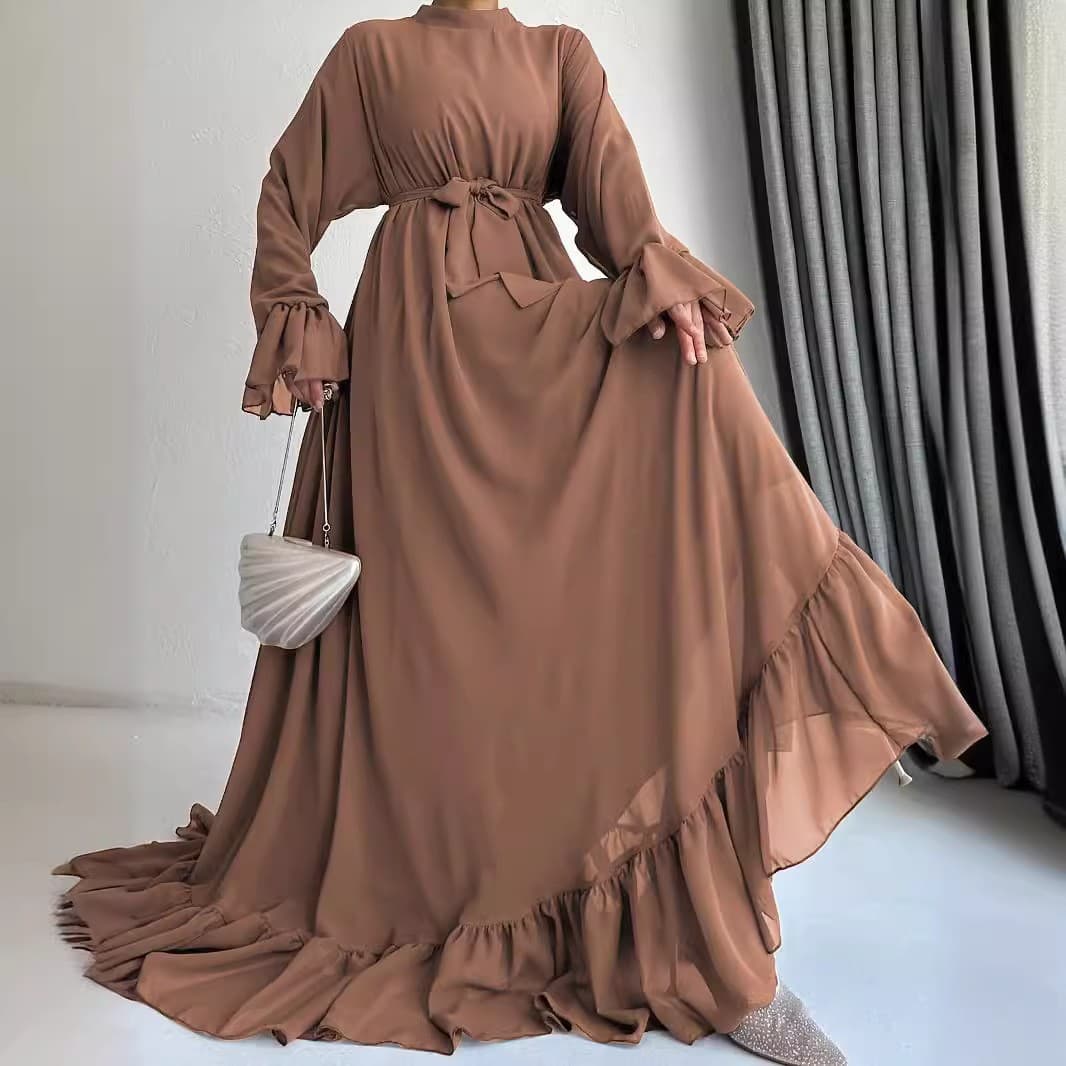 Women's Muslim New Chiffon Solid Color Long Belt Fashion Elegant Dress