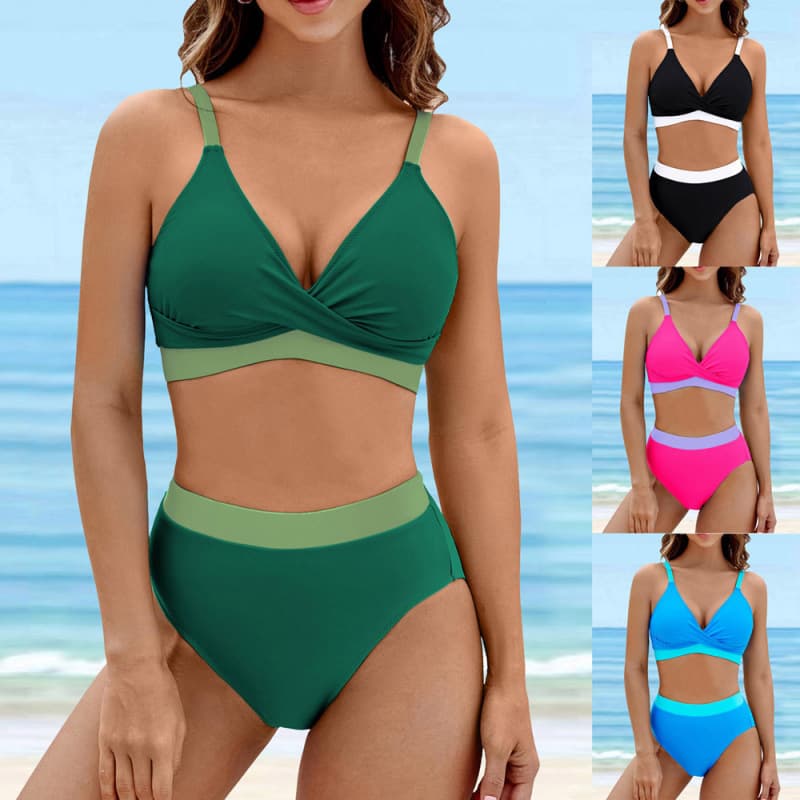 Women's Clothing Split High Waist Sports Swimsuit Contrast Color Cross Gathered Swimsuit