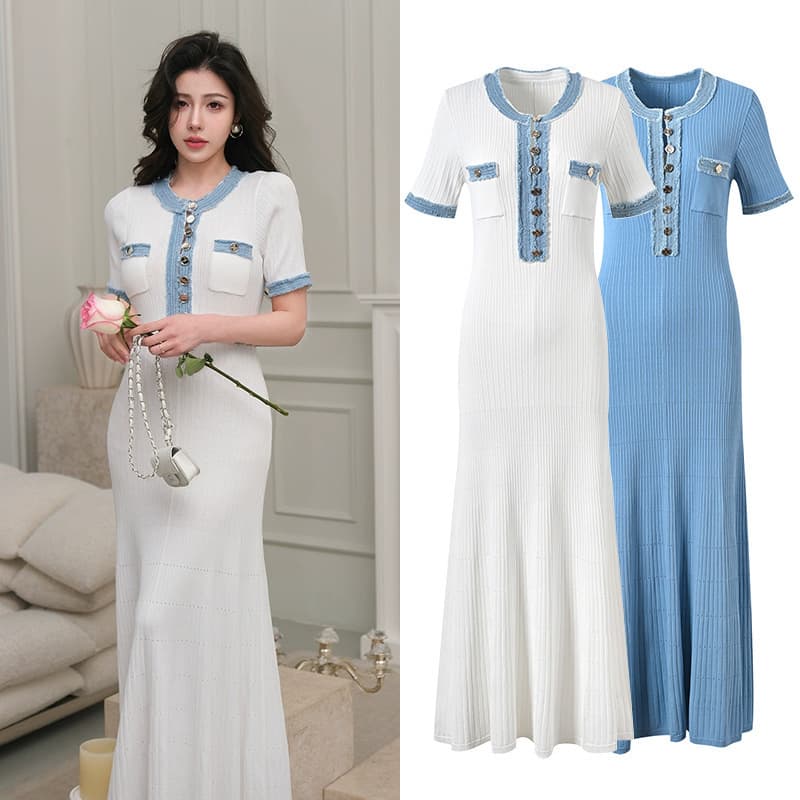 Women's Summer Fashion Round Neck Dress European American Style Patchwork Knit Short Sleeve Denim Single Breasted