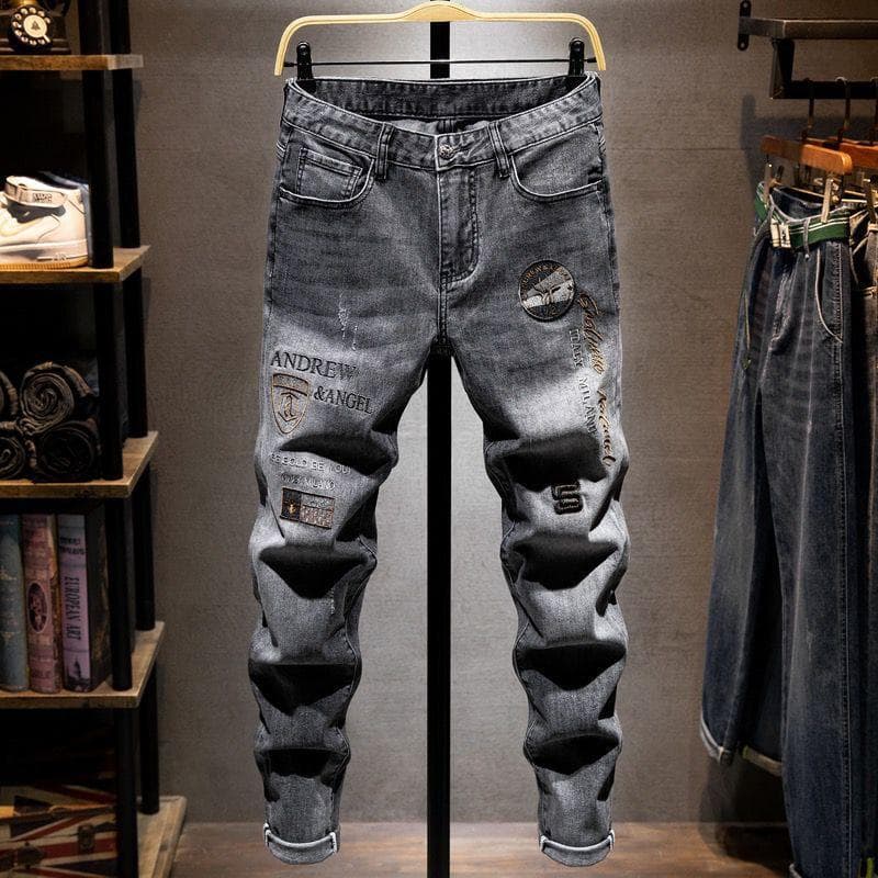 Slim Fit Jeans For Men Trendy Hand Embroidered Elastic Waist Skinny Trousers Gray Washed Summer Style