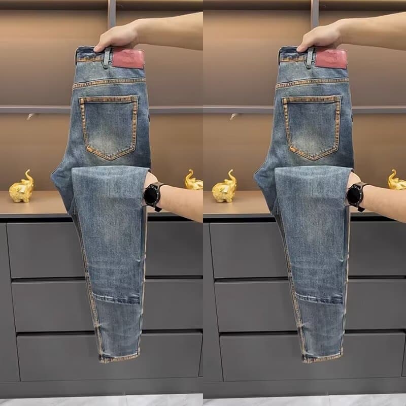 European Light Luxury Retro Casual Jeans Men's Popular Trendy Brand Slim-fitting Washed Blue Pants