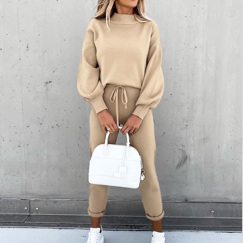 Women's High-Neck Sweatshirt & Pants Set – Solid Color Loungewear (S-XXL, White/Pink/Purple/Gray/Black/Brown/Khaki/Navy)