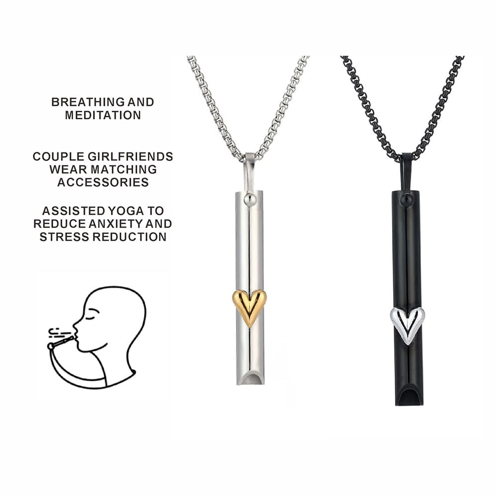 Breathing Meditation Necklace For Couples, Heart-Shaped Pendant Stress Relief Whistle Jewelry, Stainless Steel Adjustable Chain For Men And Women