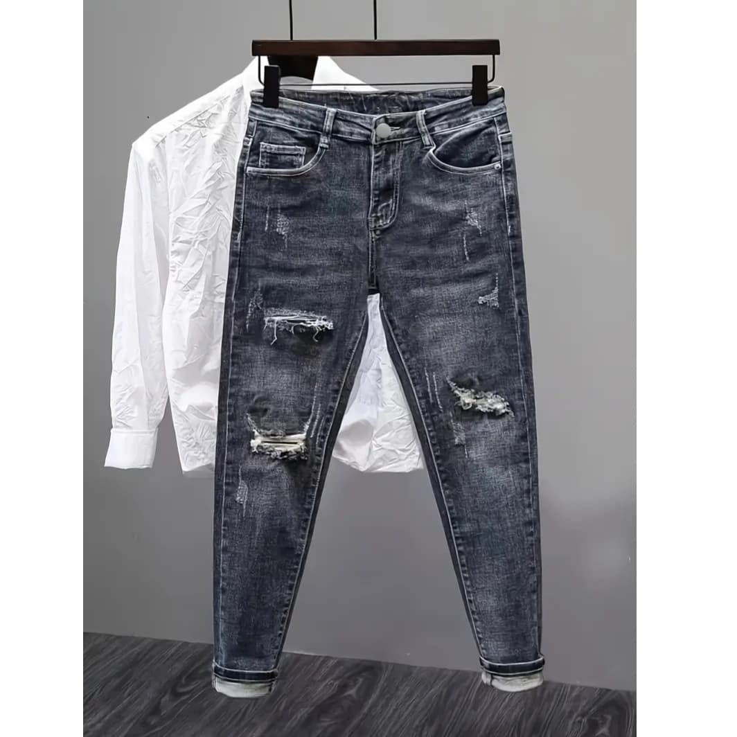 ​Men's Distressed Denim Jeans – Stone-Washed Slim Fit With Medium Stretch | Vintage Blue-Grey Straight Leg Streetwear Pants (M-3XL)​