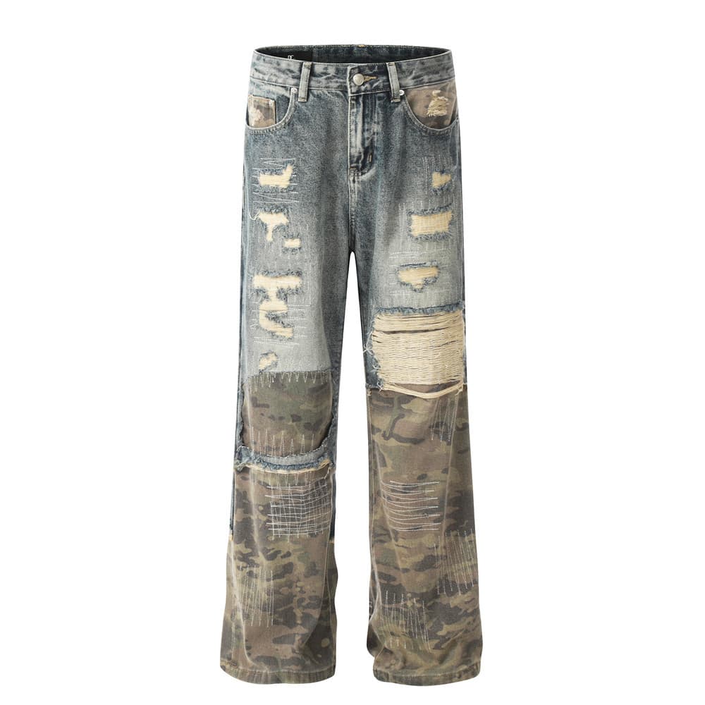 Men's Camo Patchwork Jeans - Distressed Wide Leg Pants With Exposed Stitching | Urban Grunge Collection
