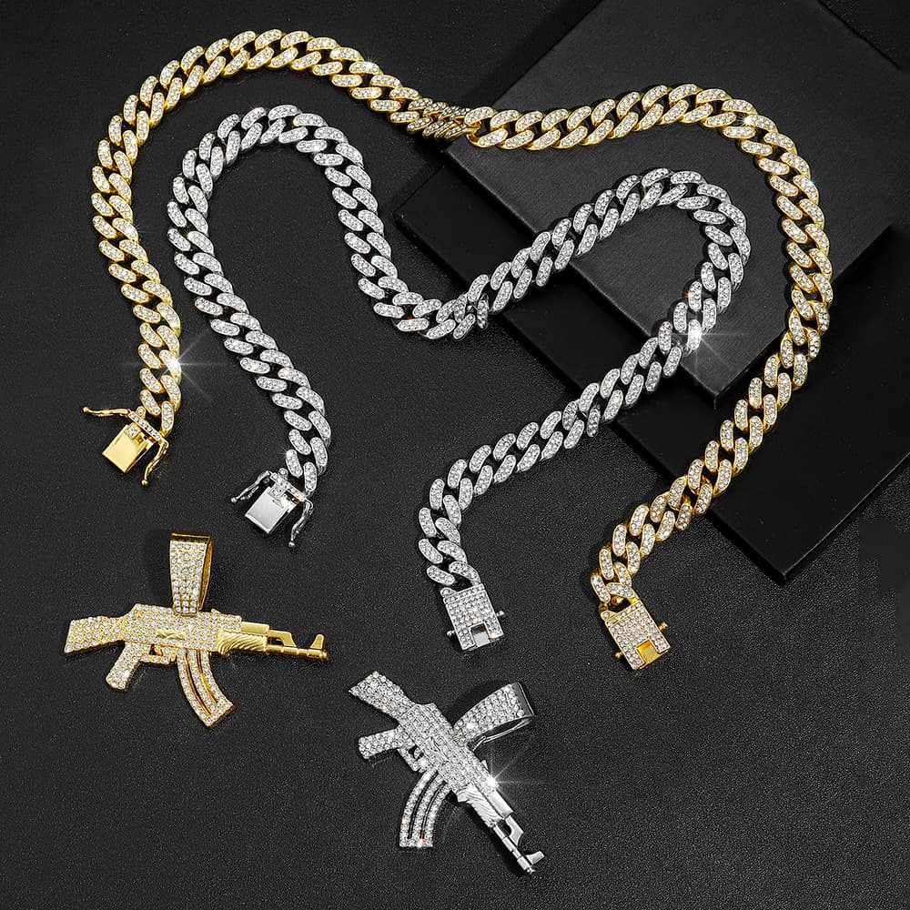 Unisex Alloy Game Peripheral AK Submachine Gun Cuban Chain Firearms Necklace Men's Hip Hop Hip Hop Style Sweater Chain