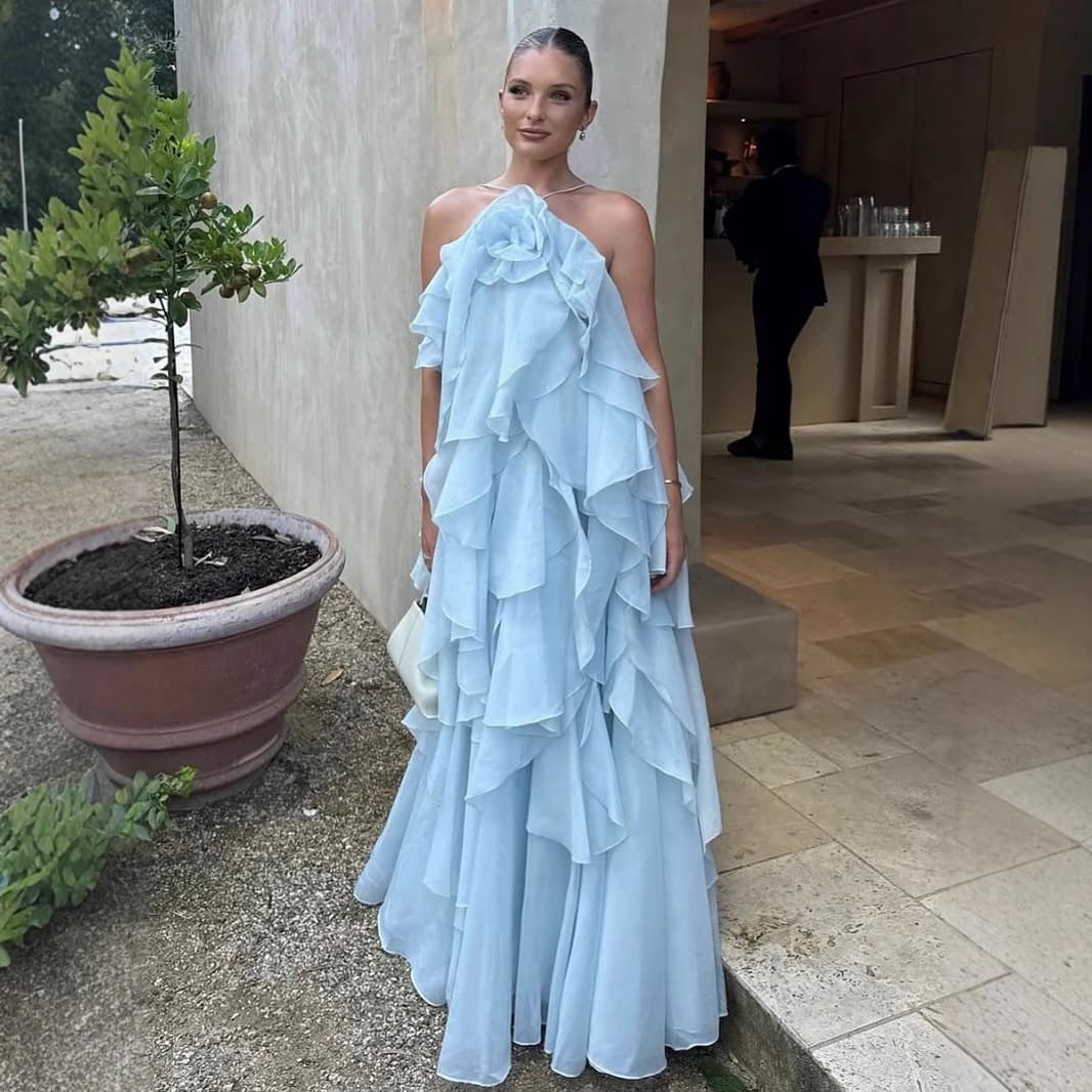Elegant Off-Shoulder Backless Maxi Dress With 3D Floral Appliques & Ruffled Hem For Women – Summer Vacation & Beach Party Essential