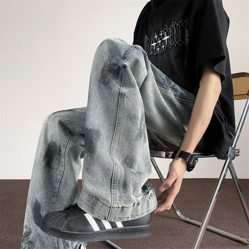 Cleanfit Washed Dirty Wide Jeans For Men, American Fashion Brand High Street Design, Slightly Flared Straight Leg Pants