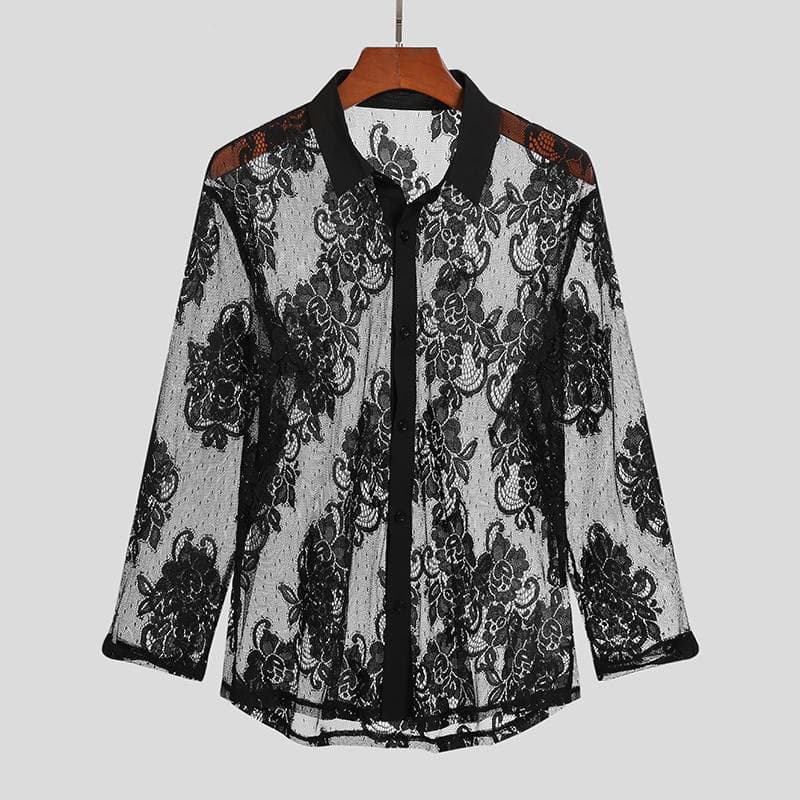 Suitable For All Seasons Men's Breathable Lace Long Sleeve Transparent Fashion Party Sexy Mesh Shirt