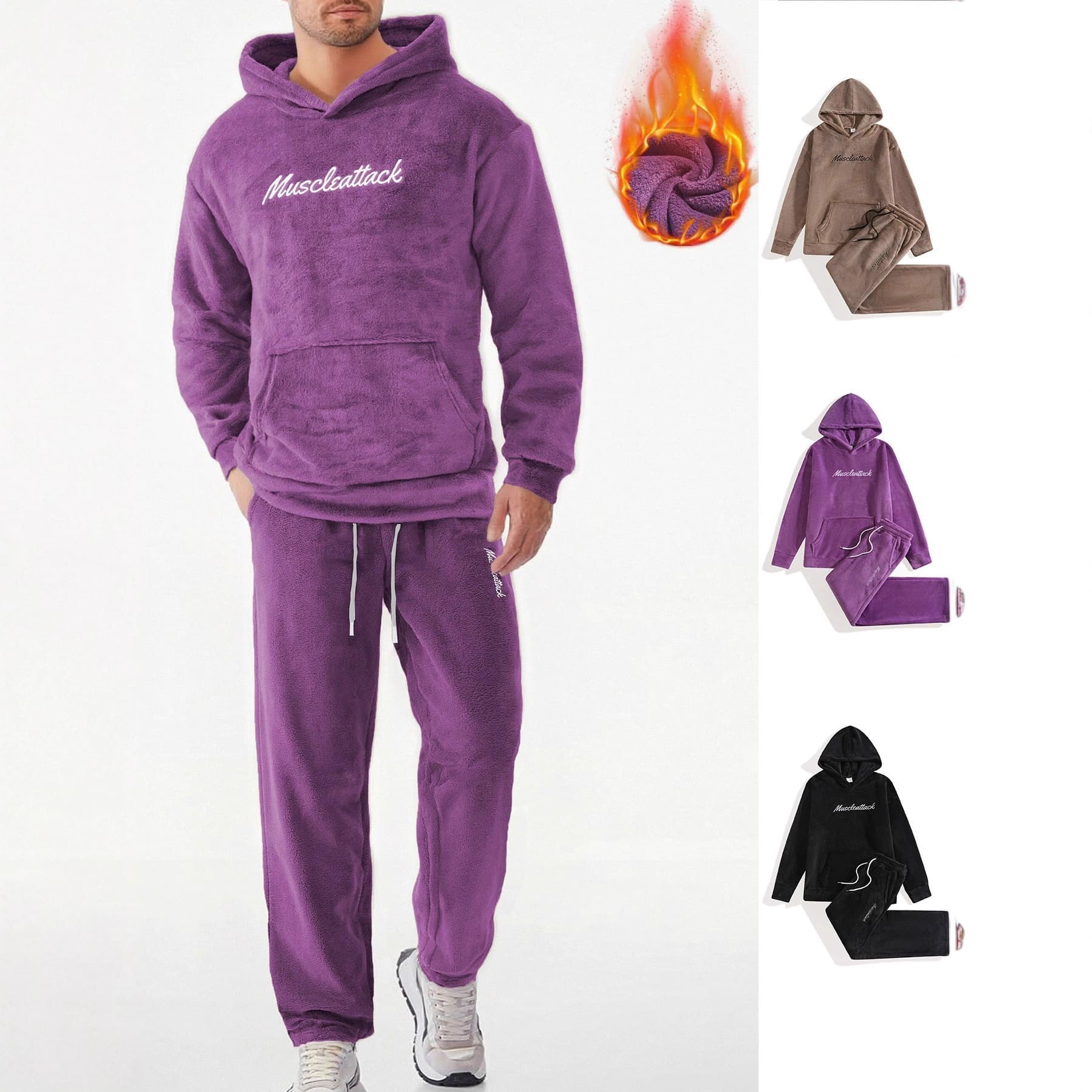 Men's Fleece Loungewear Set – Cozy Coral Fleece Hoodie & Joggers With Embroidery (S-XXL, Black/Purple/Khaki, Ultra-Soft & Warm)​