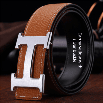 Ceinture classique de luxe pour homme, en cuir véritable de haute qualité avec boucle lisse et inscription.