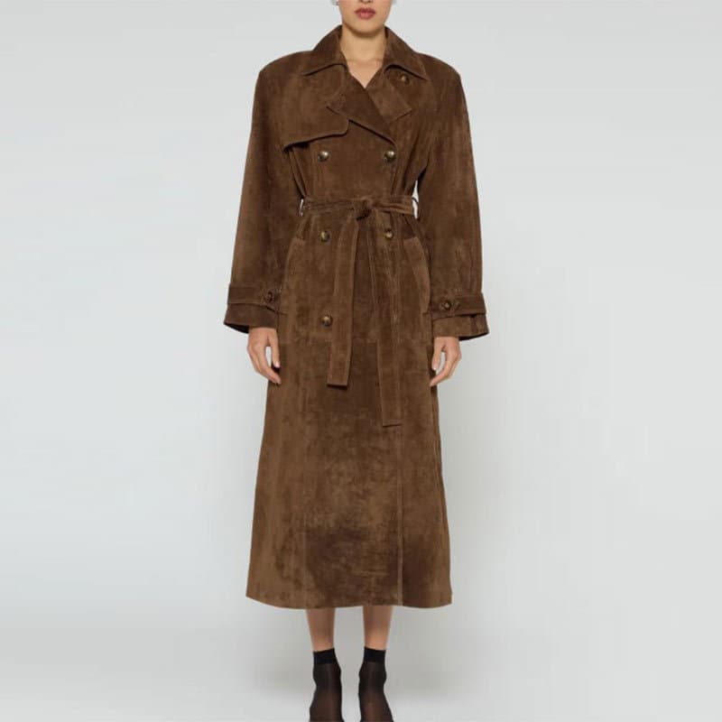 Women's Clothing Suede Trench Coat Temperament Elegant Women's Suede Trench Coat With Belted Waist - Elegant Long Jacket In Brown With Fringe Details​