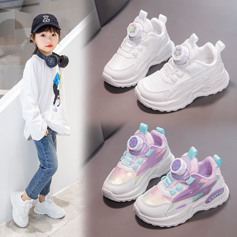 Sports Girls' Rotating Button Fashion Korean Running Spring and Autumn New Leather Waterproof Children's Shoes