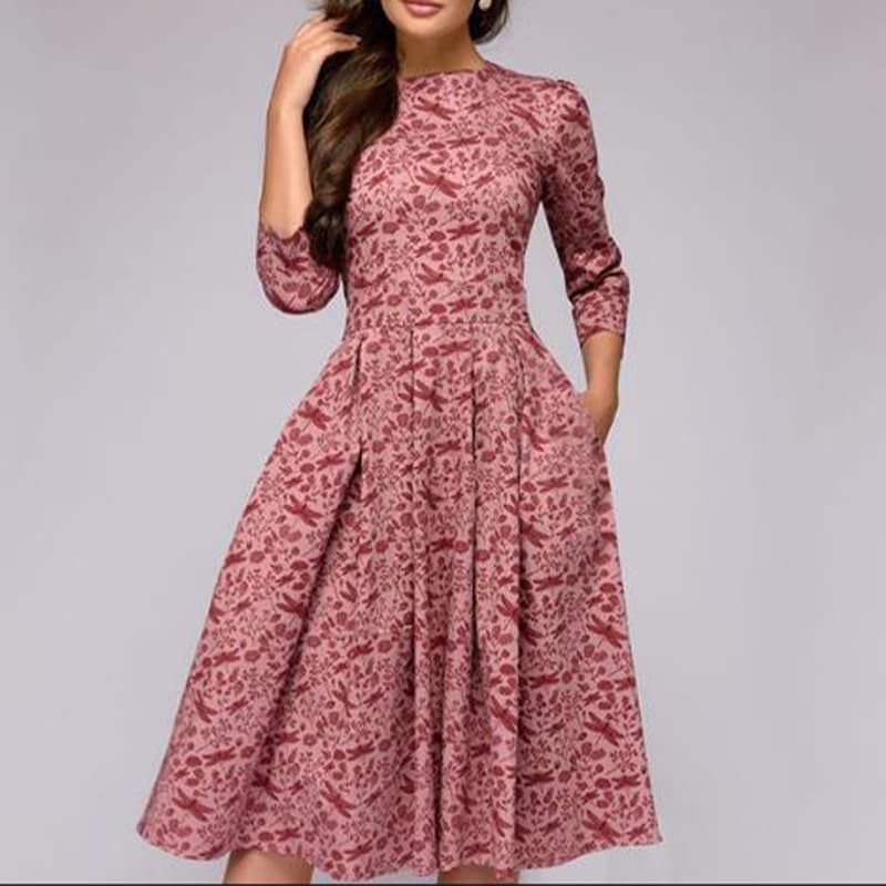 Women's Clothing autumn and winter women's A-line dress Party retro small floral three-quarter sleeve round neck dress