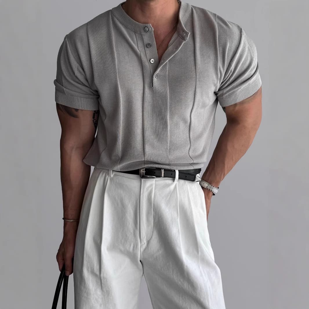 Henry Collar Slim Fit Knitted Short Sleeved T Shirt For Men 2025 Summer New Style Light Mature Style Business Commuting All Match T Shirt