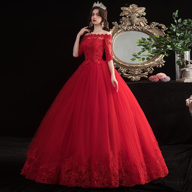 Women's One-shoulder Red Wedding Dress Bridal Knot Center Shaft Floor-length Large Size Slim Princess Simple Spring And Summer