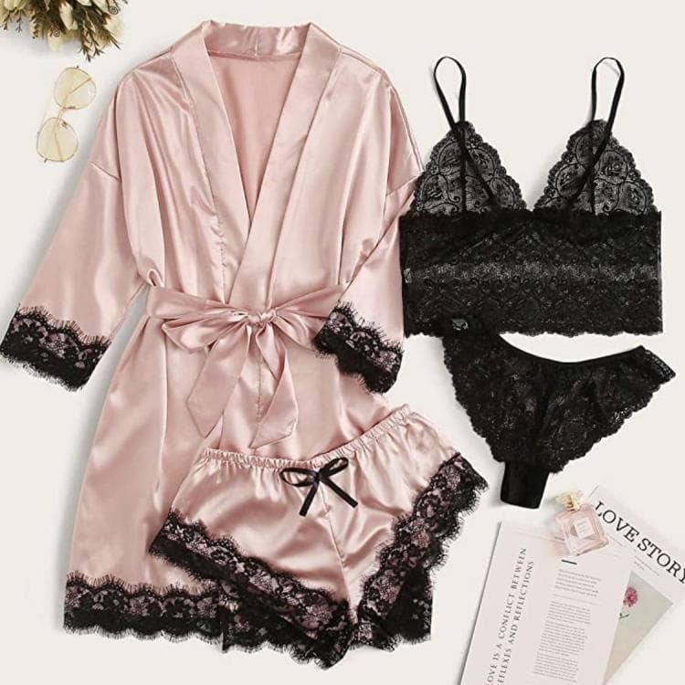 Luxury 4-Piece Lingerie Set - Plus Size Lace Chemise & Garter Belt - Sexy Sleepwear For Women (S-XXL, 7 Colors)