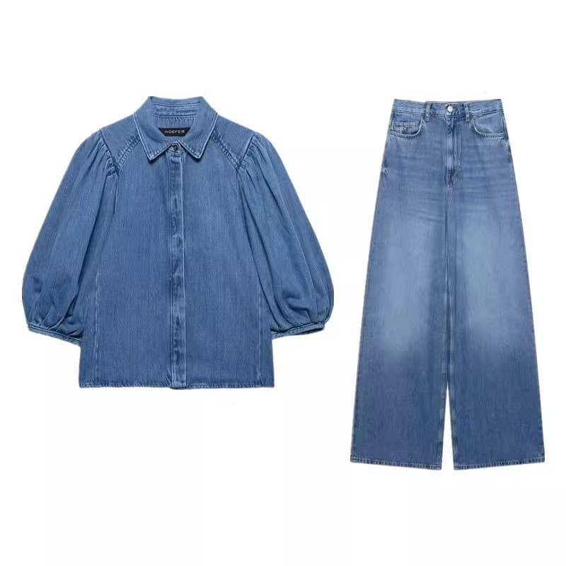Vintage Washed Denim Set – Short-Sleeve Poplin Shirt & Wide-Leg Pants (Blue, S-Xl, Retro Office To Weekend Look)