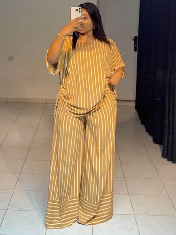 K Women's New Casual Loose V-neck Striped Short Sleeved Top, Wide Leg Pants Set
