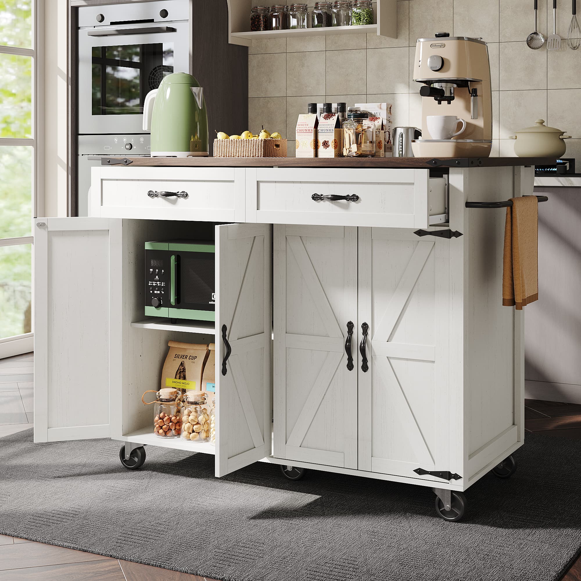 Kitchen Island With Extendable Countertop, 4-Door Storage Cabinet And 2 Drawers, Wooden Grain Finish Serving Cart For Dining Or Kitchen Use