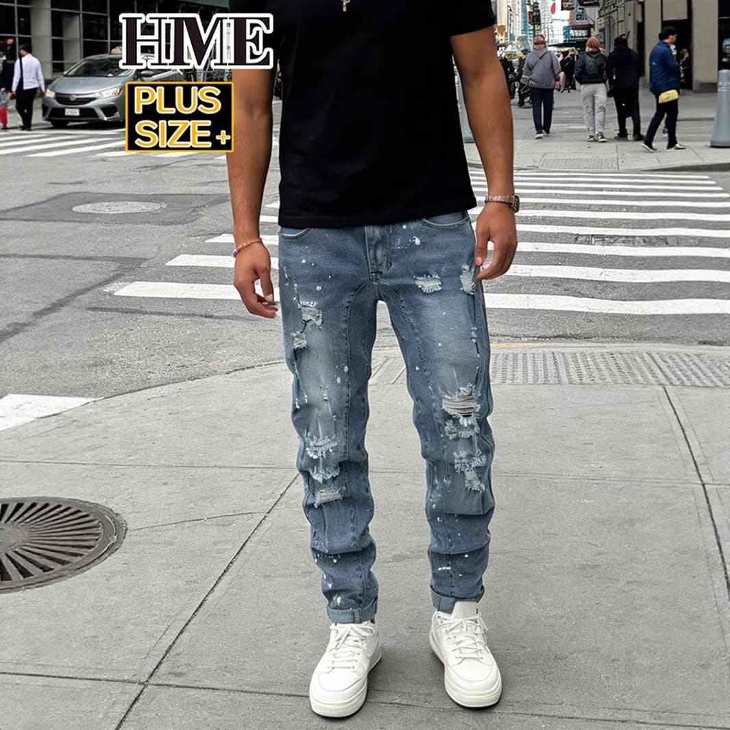 Plus Size Men's Ripped Jeans Casual Slim Fit Trendy Washed Men's Trousers