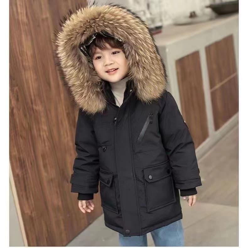 ​​"Boys' Winter Jacket With Fur Collar – Warm Cotton-Padded Coat For Kids (120-170cm) – Black/White/Red/Blue"​​