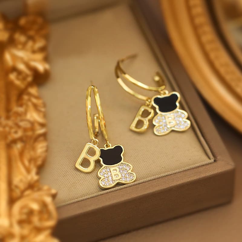 s925 silver needle earrings metal personalized versatile earrings internet celebrity temperament fashion simple letter B bear earrings for women