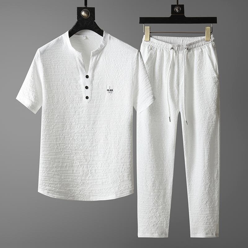 Men's Clothing New Thin Casual Sports Suit Men's Summer High End V Neck Embroidery Slim Short Sleeved Two Piece Suit
