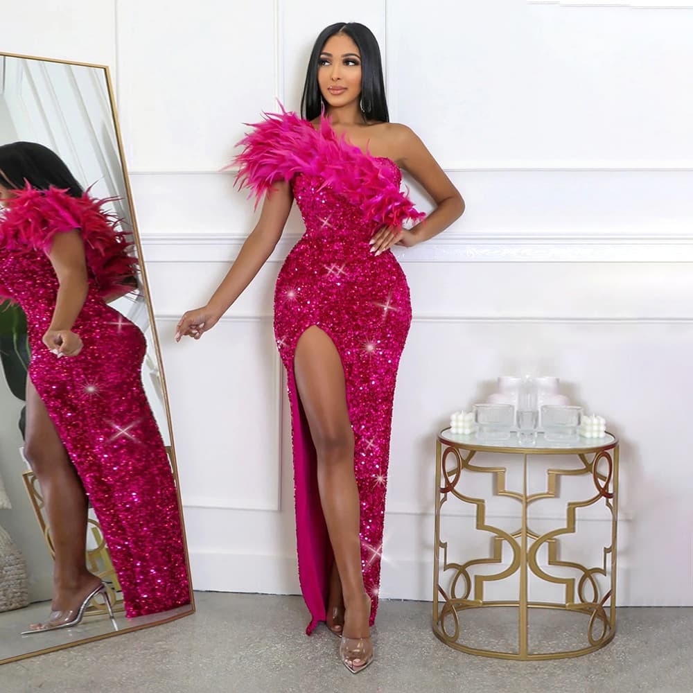 Women's Clothing women's summer sexy fashion feather oblique collar banquet dress skirt sequin slit long skirt