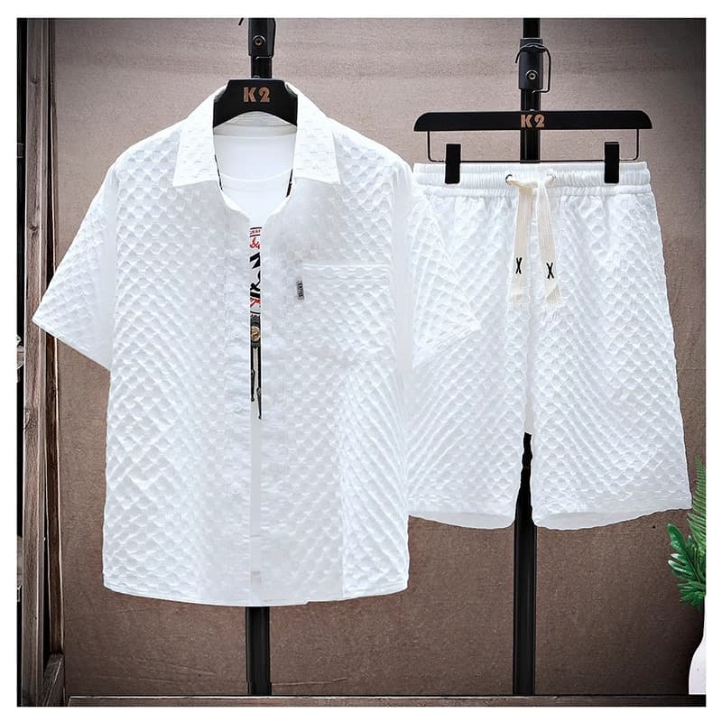 Men's Clothing Thin Sports Casual Two Piece Suit Summer Ice Silk Suit Men's Handsome Trendy Short Sleeved Shirt Shorts Set